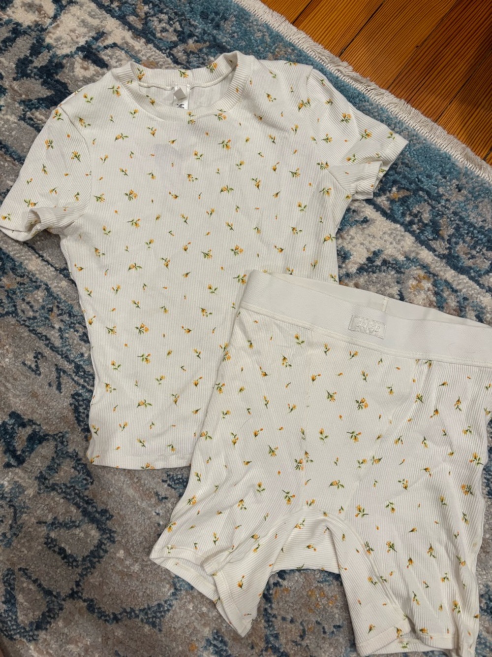 SKIMS White Marygold Floral Ribbed Short Sleeve Tee & Boxer Set